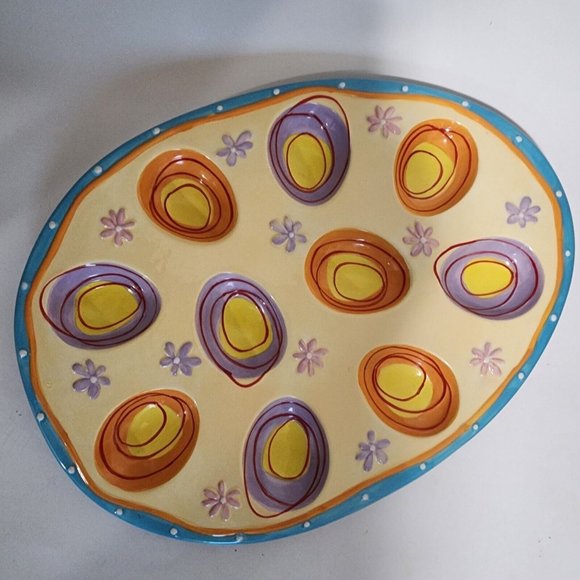 Bella Casa Devil Egg Ceramic Platter Colorful 12”x9” Easter Spring Ganz - Picture 2 of 6